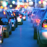 Driving slow in a traffic jam at night, rush hour